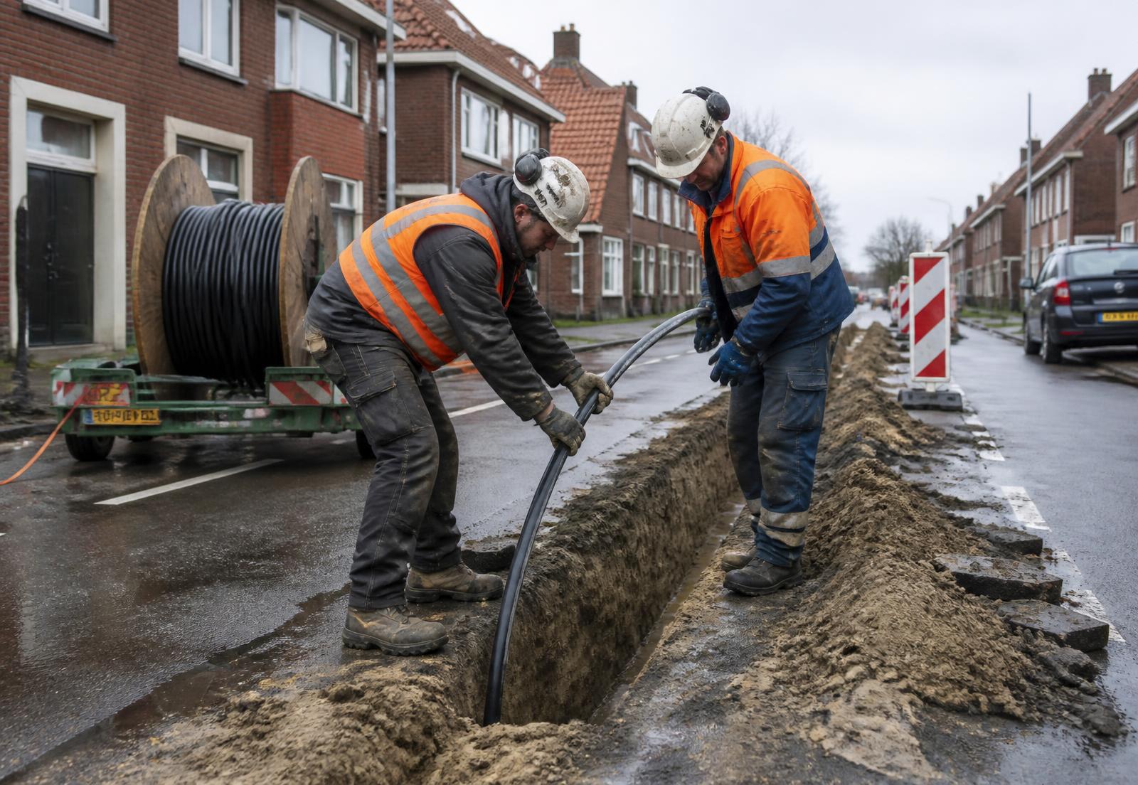 Monteurs van Vortik-L leggen een stroomkabel in een open sleuf